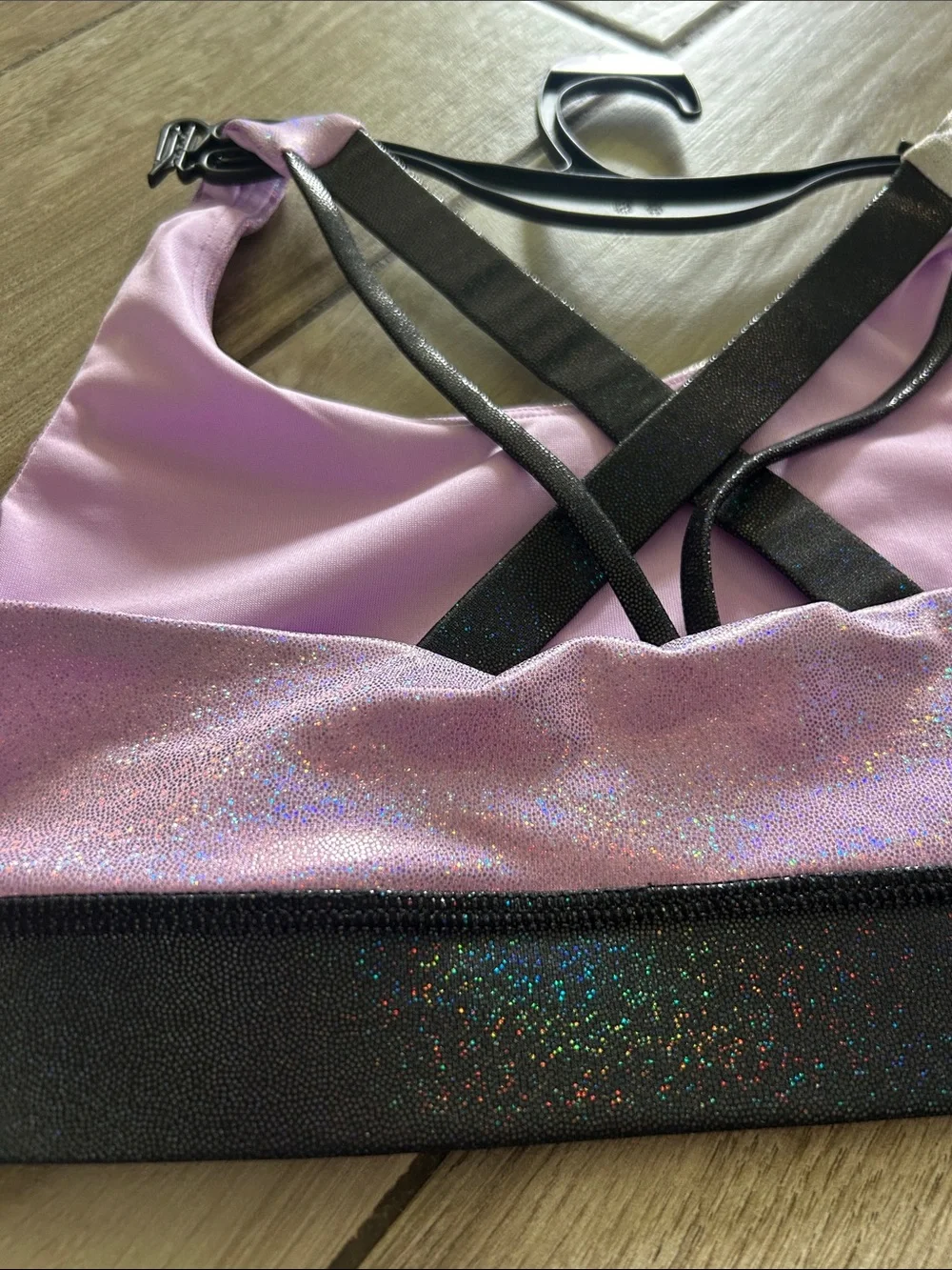 Justice Iridescent White and Lavender Dance Sports Bra with Black Band